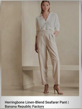 Banana Republic Cream Herringbone Linen-Blend Seafarer Trousers, size 0